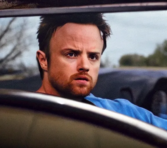 Prompt: extremely muscular Jesse Pinkman sitting in an El Camino car, close up, movie still, photorealistic, shot by Vince Gilligan