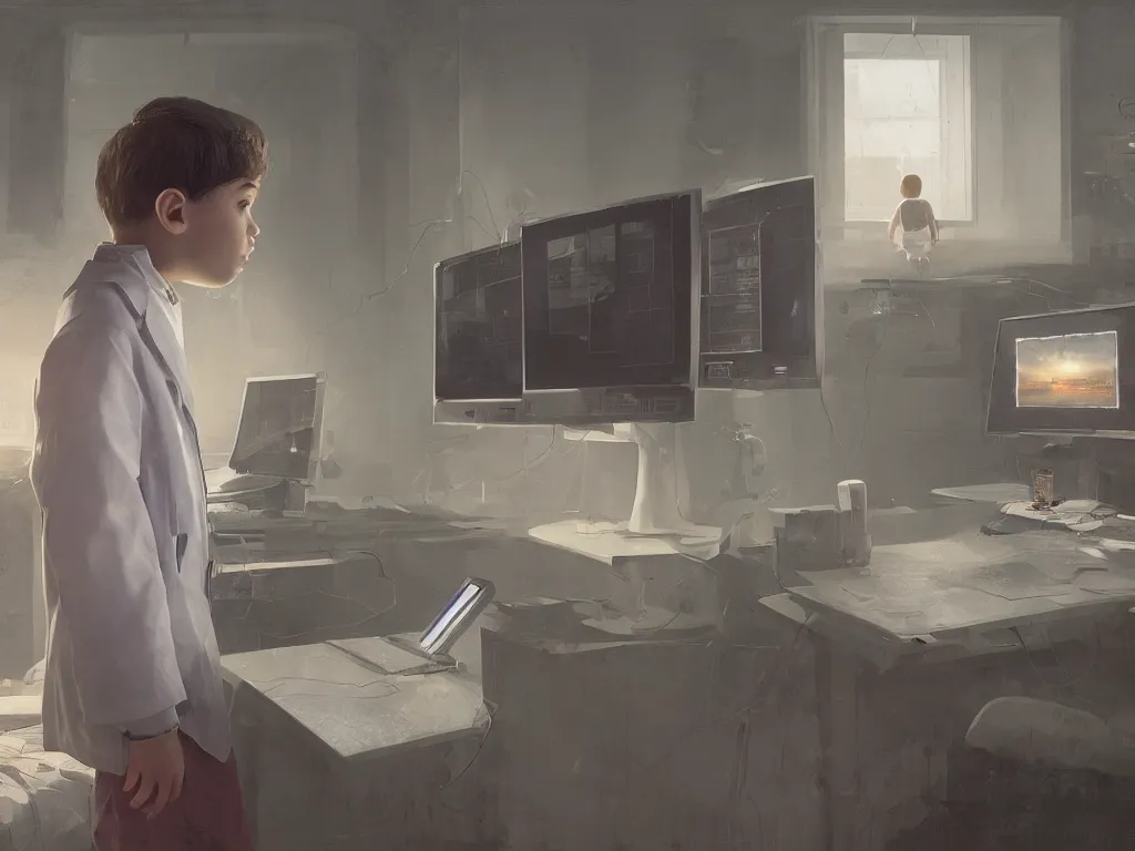 Image similar to a portrait of single smart child in a white coat in front of a computer and screens in a painting from stalenhag, 4 k, 8 k, hdr, artstation