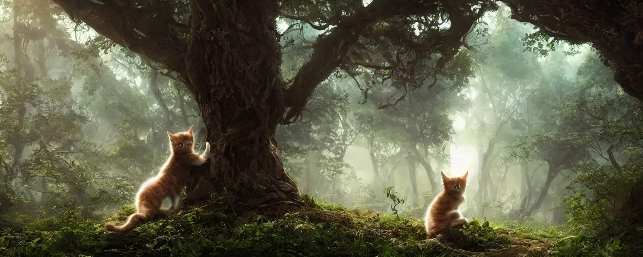 Image similar to a giant leaning down trying to pet a kitten with a magical forest background, beautiful dynamic lighting, cinematic, wide angle establishing shot, extremely high detail, photo realistic, cinematic lighting, post processed, concept art, artstation, matte painting, style by Anne-Louis Girodet , unreal engine 8k