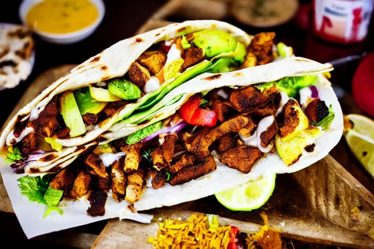 Prompt: juicy tasty shawarma. food photo award winner. trending on instagram