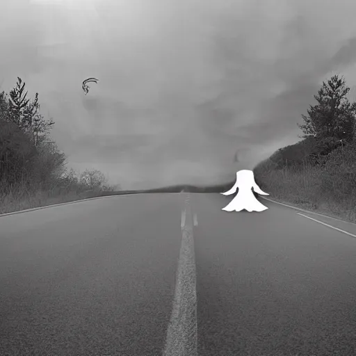 Image similar to creepy lovecraftian angel in the road, taken with car dash camera, real photo