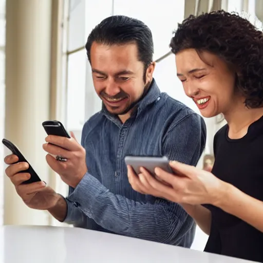 Image similar to man chuckling at his smartphone, woman sighing with frustration