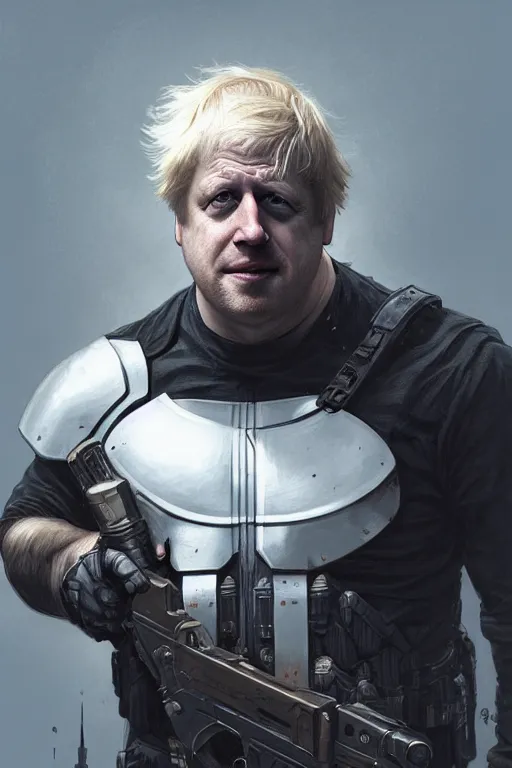 Image similar to boris johnson as punisher, armor plate, realistic portrait, symmetrical, highly detailed, digital painting, artstation, concept art, smooth, sharp focus, illustration, cinematic lighting, art by artgerm and greg rutkowski and alphonse mucha