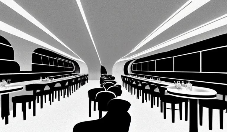 Image similar to a beautiful, sharp focus, clean lines. the interior of an art deco undersea restaurant. vaporwave ombre rendering. outrun style. trending on artstation. recommended for you behance. by chris moore. by edward hopper. ambient occlusion. digital matte painting. metropolis filmic. gotham city.