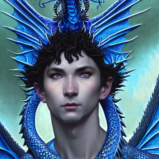 Image similar to closeup of a medieval fantasy male blue dragon with electrcity magic, fantasy, d & d, high details, art by ( ( ( kuvshinov ilya ) ) ) and wayne barlowe and gustav klimt and artgerm and wlop and william - adolphe bouguereau