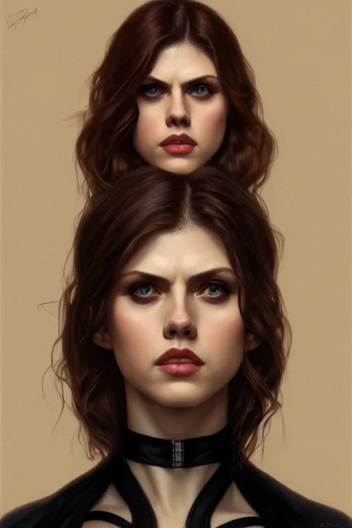 Image similar to alexandra daddario as black widow, realistic portrait, symmetrical, highly detailed, digital painting, artstation, concept art, smooth, sharp focus, illustration, cinematic lighting, art by artgerm and greg rutkowski and alphonse mucha