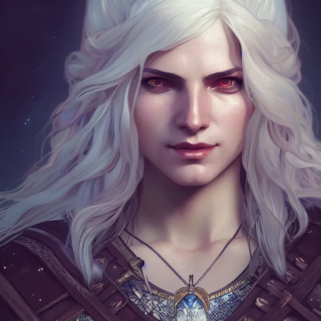 Image similar to close up portrait of a beautiful female witcher, artistic, magical mountain background with light rays, fantasy atmosphere. art by artgerm, greg rutkowski and alphonse mucha, highly detailed, intricate, lifelike. sci - fi, fantasy, magical, octane render,