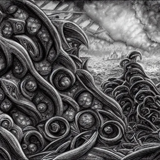 Image similar to charcoal reefs of the chaos realm, in the style of alejandro mirabal, dramatic, tragic, intricate, detailed, beautiful, 8 k resolution