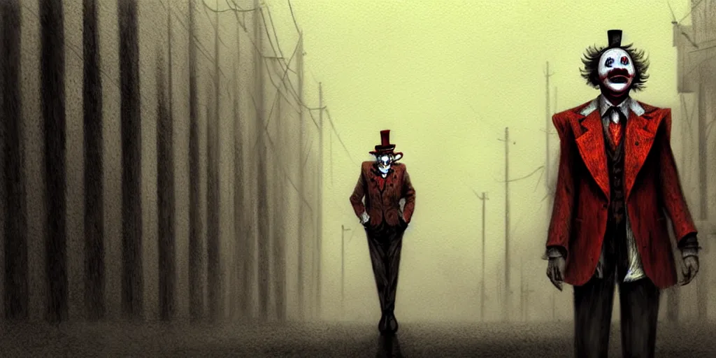 Image similar to James Sunderland from Silent Hill 2 dressed as a clown standing in a foggy street, intricate, elegant, sharp focus, illustration, highly detailed, digital painting, concept art, matte, art by Masahiro Ito