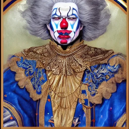 Image similar to uhd photorealistic detailed image of max current, the crypto emperor, dressed as emperor, wearing extremely intricate clown makeup, by ayami kojima amano karol bak