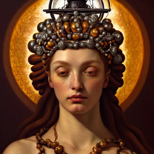 Prompt: beauteous baroque neoclassicist closeup renaissance portrait of the dawn goddess with her lantern, reflective detailed textures, glittering silver ornaments, dark fantasy science fiction painting by diego rivera and jean delville and ruan jia and nicholas roerich and annie swynnerton and sam spratt, dramatic lighting, cool color palette, artstation, octane render, unreal engine