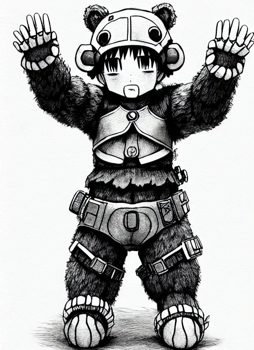 Image similar to beautiful little boy wearing an cyborg bear suit, artwork in kentaro miura and made in abyss and rosdraws, smooth, beautiful lightness, anatomically correct, trending on pixiv, forest