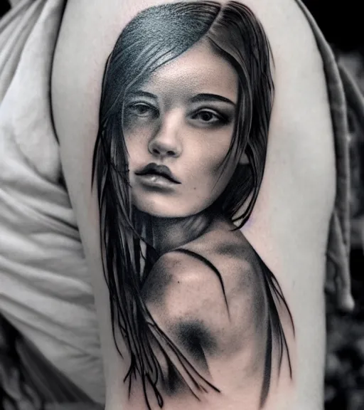 Image similar to a beautiful girl portrait faded in a mountain scenery, realism tattoo, in the style of den yakovlev, black and white, hyper realistic, highly detailed