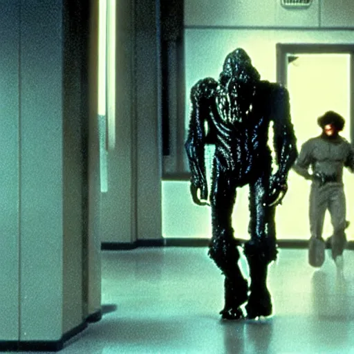 Prompt: 1 9 8 0 s sci - fi movie, vintage still frame, skinned monster demon in hi - tech corridor, photorealistic, art by ridley scott