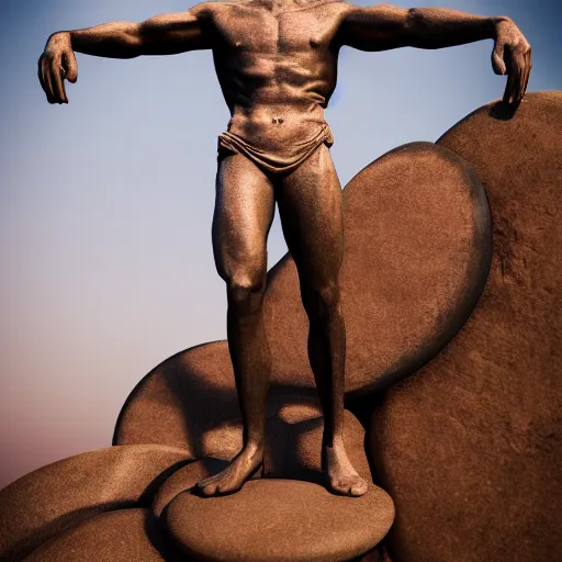 Image similar to the front view of a statue of a man, an arm extended, standing on a giant flying stone disc, 35mm lens, intricate, ultra detailed, photorealistic, trending on artstation, 4k, 8k