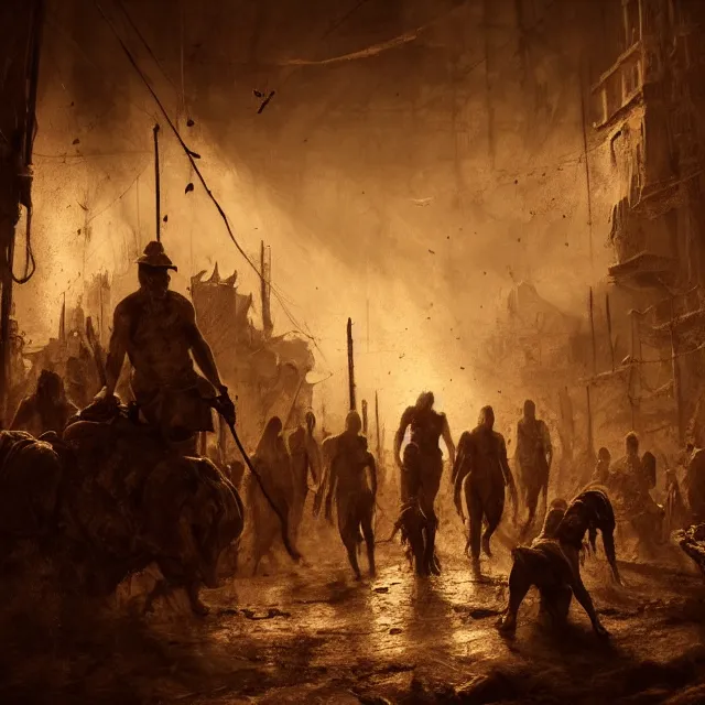 Image similar to action scene sepia painting of hell with people suffering, atmospheric lighting, brooding, painted, intricate, ultra detailed, well composed, best on artstation, cgsociety, epic, horror, stunning, gorgeous, intricate detail, much wow, masterpiece, cinematic aesthetic octane render, 8 k hd resolution,