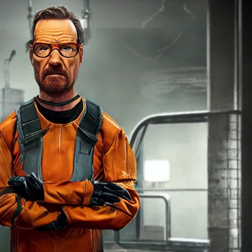 Prompt: Bryan Cranston as Gordon Freeman, still from Half Life movie