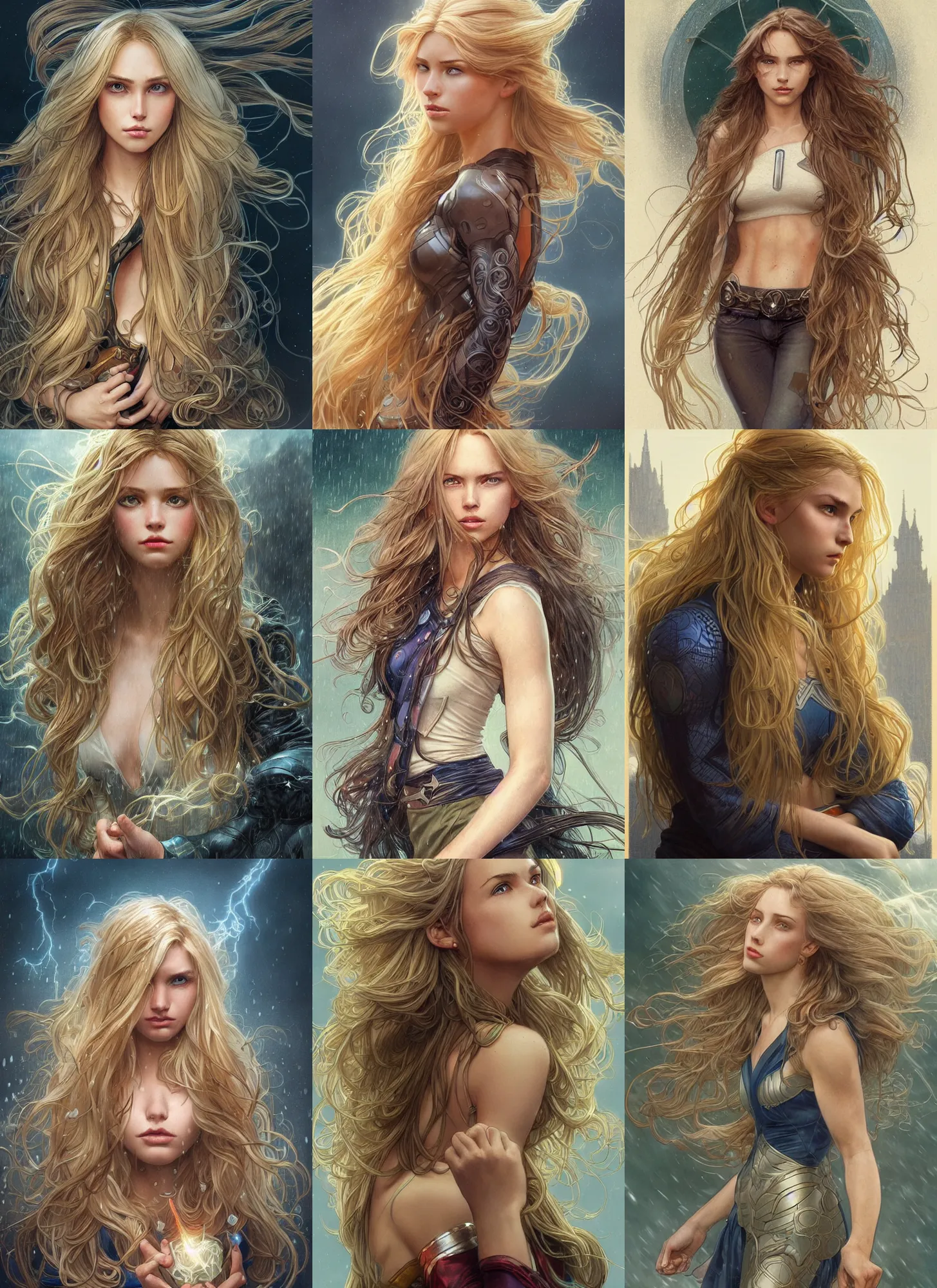 Prompt: a superhero girl with a focused face and extremely long blonde wavy hair, light rain, thunder storm background, intricate detailed face, artgerm, greg rutkowski, alphonse mucha, francine van hove