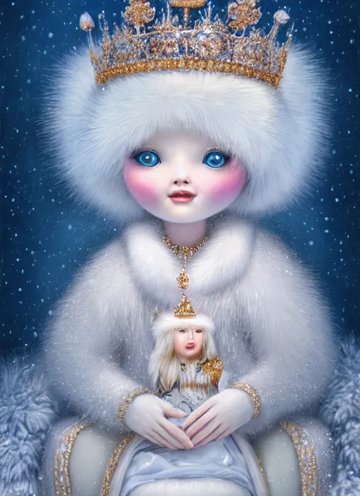 Prompt: highly detailed closeup portrait of an eskimo snow, ice princess wearing a crown and sitting on an ice throne surrounded by fluffy bears, nicoletta ceccoli, mark ryden, lostfish, earl nore, global illumination, god rays, detailed and intricate environment