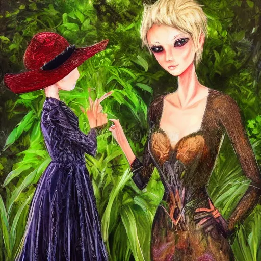 Image similar to blonde butch tomboy woman engineer standing beside taller dark fae feathered modest gothic woman, in a beautiful lush garden at night, falling in love, highly detailed, romantic, trending on art station, illustration, oil painting