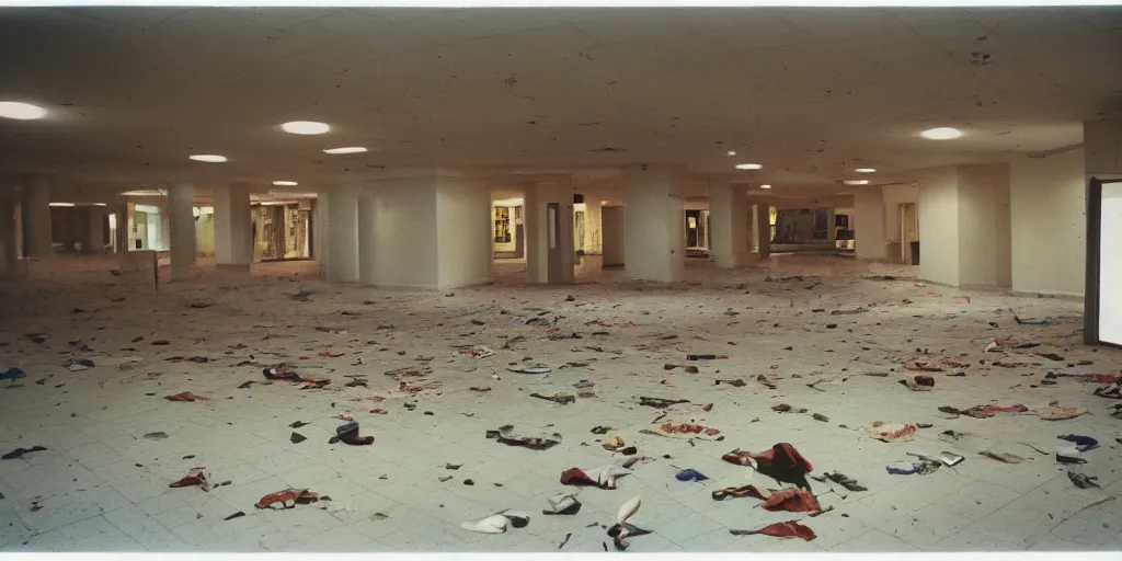 Image similar to a weird place full of people but now empty with eerie feeling, disposable colored camera, camera flash, house, mall, hallway, playground, office, pool, interior, room, full of things, unusual place, unsettling, kids place