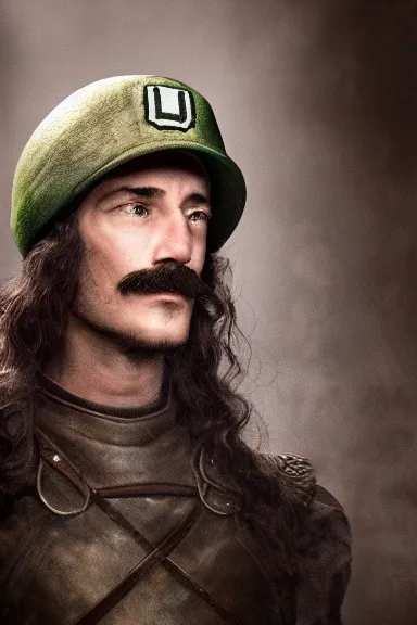 Image similar to very very intricate photorealistic photo of a realistic human version of luigi wearing his hat in an episode of game of thrones, photo is in focus with detailed atmospheric lighting, award - winning details