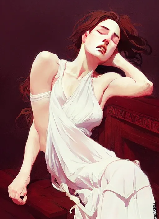 Image similar to beautiful woman in white, lying on a stage with eyes closed covered in blood, digital painting, artstation, concept art, smooth, sharp focus, illustration, art by artgerm and greg rutkowski and alphonse mucha