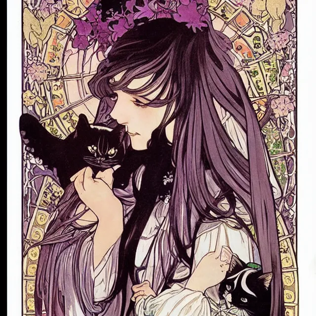Prompt: gothic lolita and her cat companion. gouache manga artbook illustration by clamp and alphonse mucha.
