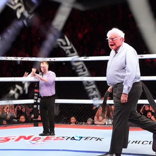 Prompt: elon musk getting sucker punched by bernie sanders in an mma arena