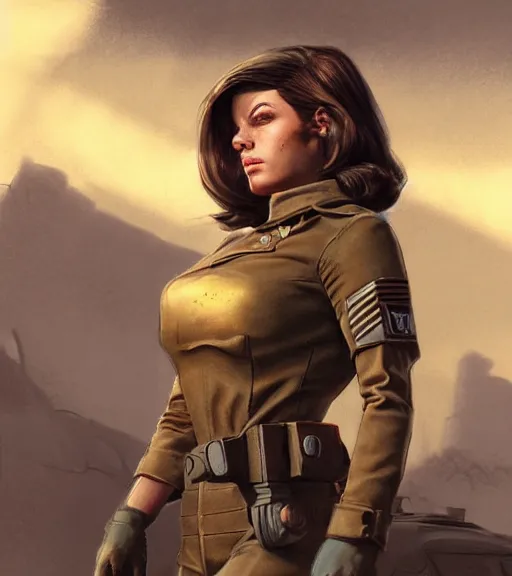 Image similar to fallout 5, concept art brunette female enclave officer portrait, concept art, outdoors mesa setting, spring time, slight overcast, atmospheric lighting, painted, intricate, volumetric lighting, beautiful, sharp focus, golden hour, ultra detailed by jack kirby, ignacio fernandez rios, thierry doizon