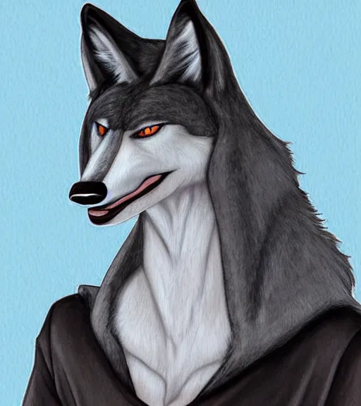 Image similar to expressive stylized master furry artist digital colored pencil painting full body portrait character study of the sergal wolf fursona animal person wearing clothes by master furry artist blotch