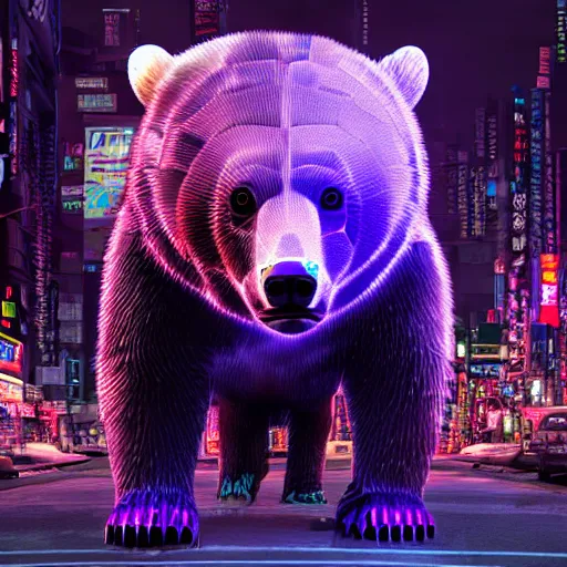 Image similar to cyborg grizzly bear with part of head replaced with metal and eye replaced with bright purple light on the streets of neo tokyo, 4k award winning render, realistic, neon, dark, gritty