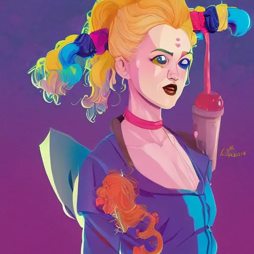 Prompt: julia garner as harley quinn as delirium of the endless, the sandman, rainbow clothes, clean cel shaded vector art. shutterstock. behance hd by lois van baarle, artgerm, helen huang, by makoto shinkai and ilya kuvshinov, rossdraws, illustration