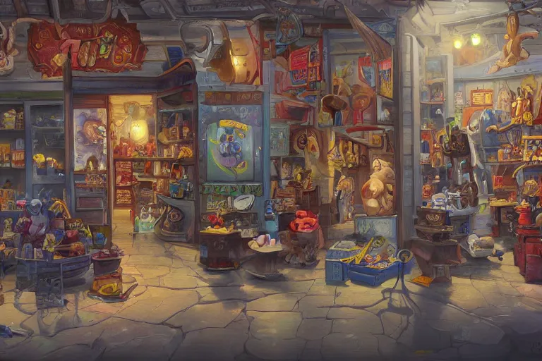 Image similar to painting of a toy store for wizards, magical toys, digital art, trending on artstation