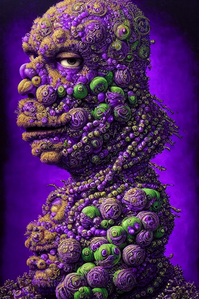 Image similar to bizarre purple blacklight detailed renaissance portrait of cookie monster as a highly detailed realistic real life person, dramatic cinematic lighting, 8 k, beautiful intricate painting by james r eads, giuseppe arcimboldo and tomasz alen kopera