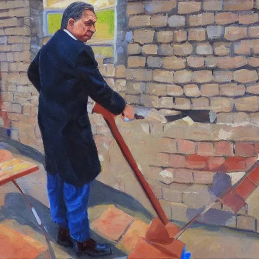 Image similar to viktor orban laying bricks, oil painting