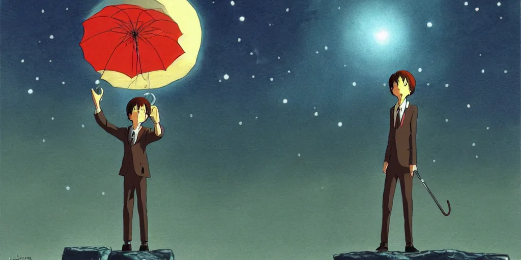 Image similar to a realistic cell - shaded studio ghibli concept art from paprika ( 2 0 0 6 ) of a man with an umbrella standing on a floating cube from close encounters of the third kind ( 1 9 7 7 ) on a misty starry night. very dull colors, hd, 4 k, hq