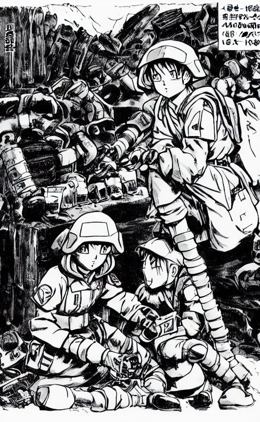 Image similar to manga, monochromatic, toriyama akira, a soldier girl character talking to a comrade about the rations, soldier clothing