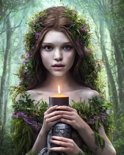 Image similar to portrait high definition photograph cute girl holding a candle fantasy character art, hyper realistic, pretty face, hyperrealism, iridescence water elemental, snake skin armor forest dryad, woody foliage, 8 k dop dof hdr fantasy character art, by aleski briclot and alexander'hollllow'fedosav and laura zalenga