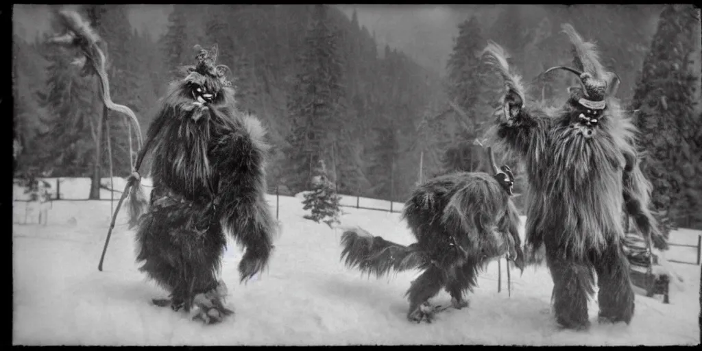 Image similar to krampus with big beak dancing in dolomites, hay fur, austrian folklore, 1920s photography, grainy, eerie, dark