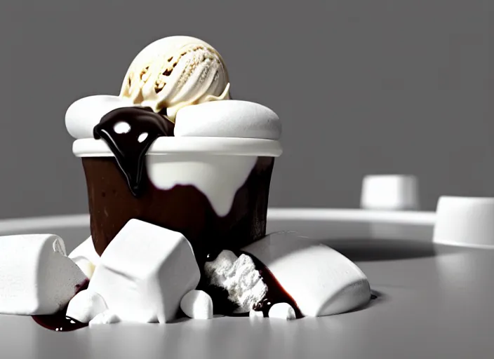 Prompt: ice cream sunday, delicious, glistening, chocolate sauce, marshmallows, highly detailed, octane render,