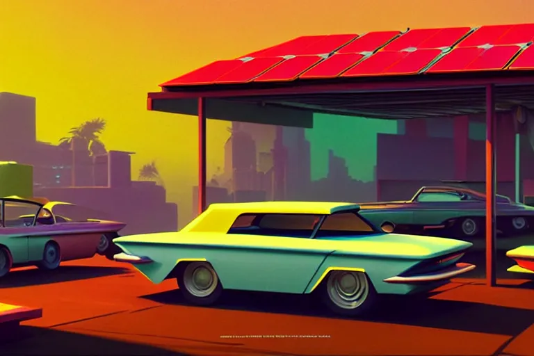 Image similar to a cinematic matte painting of a boxy 1 9 6 0 s vaporwave retro - futurism sci - fi car with solar panels on roof and doors in a cluttered garage in mumbai. by eric lafforgue, glennray tutor and edward hopper, greg rutkowski. trending on artstation.