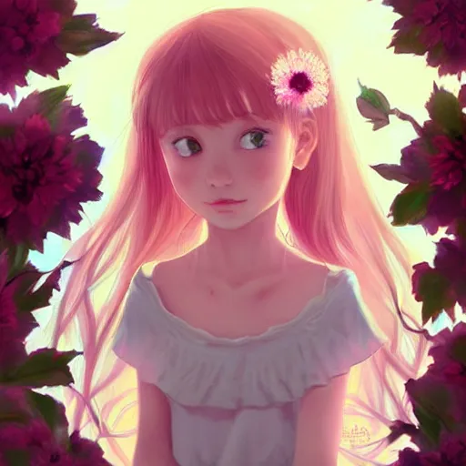 Image similar to little girl with flowers in hair wearing an white dress, art by ilya kuvshinov,