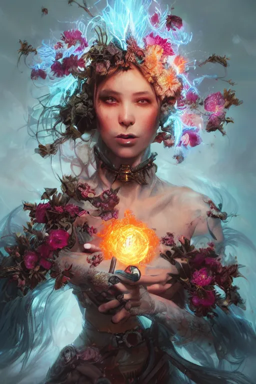 Image similar to face closeup of beautiful girl necromancer, witch - doctor exploding into flowers, angels, 3 d render, hyper - realistic detailed portrait, holding fire and electricity, leaves and magic, ruan jia, wlop. scifi, fantasy, magic the gathering, hyper detailed, octane render, concept art, peter mohrbacher