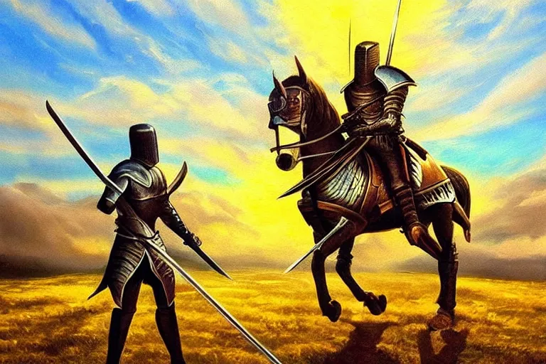 Image similar to knight, sword, fantasy, painting, ultra realistic!!!, clear weather, golden hour, sharp focus