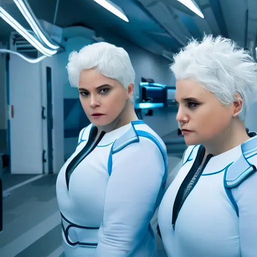 Image similar to formation of determined chubby women with white hair, white hair, tight light blue neopren suits, futuristic production facility, sci - fi, highly detailed, cinematic