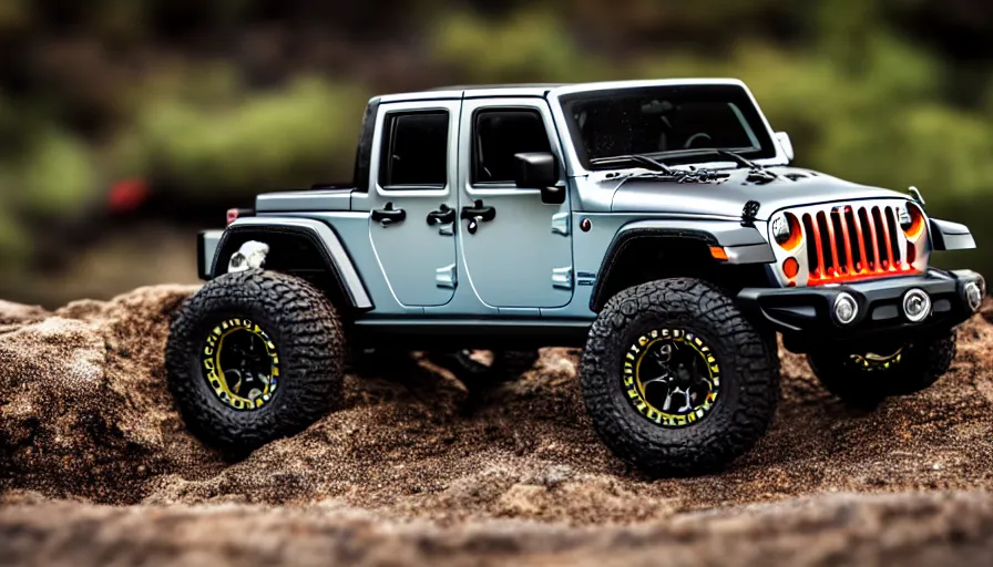 Image similar to Hot Wheels, Jeep Wrangler JKU, cinematic, Maxxis, 8k, depth of field, bokeh.