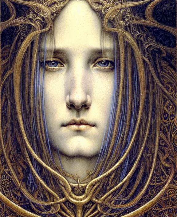 Image similar to detailed realistic beautiful young medieval queen face portrait by jean delville, gustave dore and marco mazzoni, art nouveau, symbolist, visionary, gothic, pre - raphaelite. horizontal symmetry