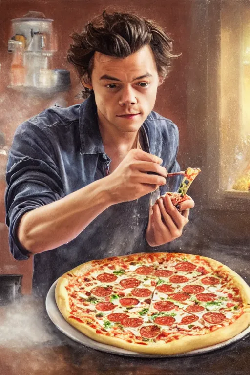 Prompt: Harry Styles making a pizza, oil on canvas, intricate, portrait, 8k highly professionally detailed, HDR, CGsociety