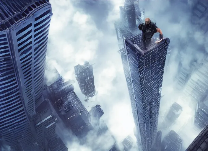 Prompt: vfx shot of a man being dragged through a skyscraper by a giant titan creature, 3 d unreal engine octane render graphics, 4 k wallpaper, film stock, imax